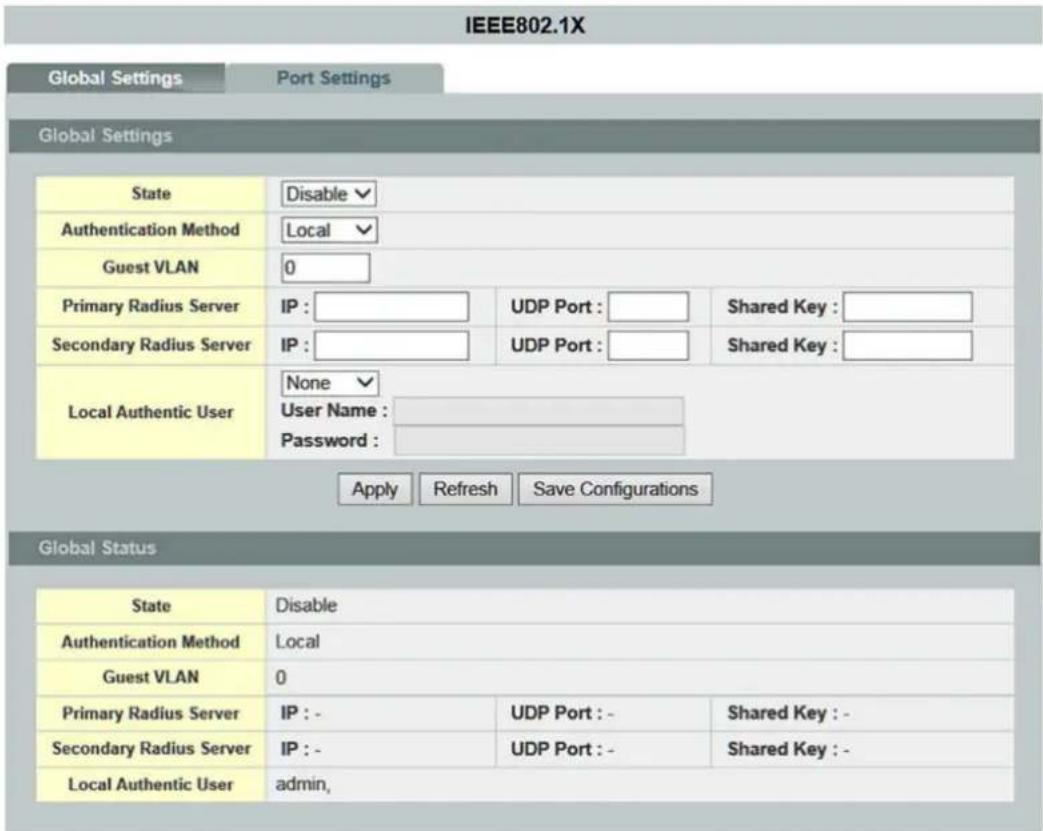 IEEE802.1X Global Settings Port Settings Global Settings State Disable Authentication Method Local Guest VLAN 0 Primary Radius Server IP : Secondary Radius Server IP : Local Authentic User None User Name : Password : Apply Refresh Save Configurations Global Status State Disable Authentication Method…