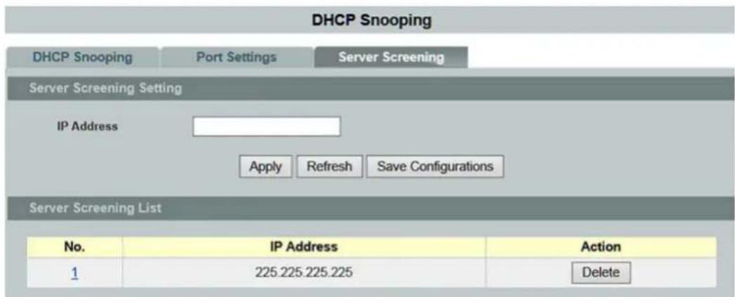DHCP Snooping DHCP Snooping Port Settings Server Screening Server Screening Setting IP Address Apply Refresh Save Configurations Server Screening List No. IP Address Action 1 225.225.225.225 Delete