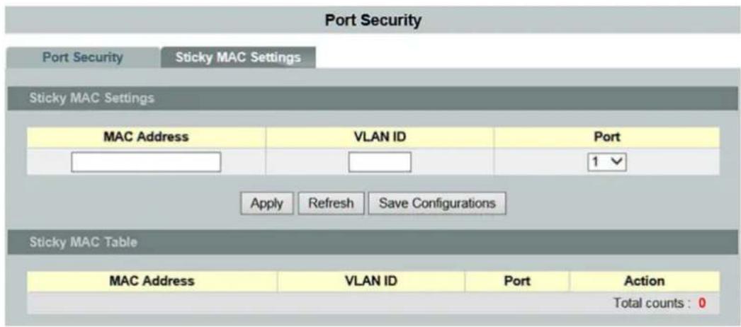 Port Security Port Security Sticky MAC Settings Sticky MAC Settings MAC Address VLAN ID Port 1 Apply Refresh Save Configurations Sticky MAC Table MAC Address VLAN ID Port Action Total counts : 0