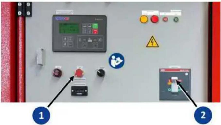Control panel with labeled buttons and warning symbols, showing two labeled positions 1 and 2 with icons and indicators.