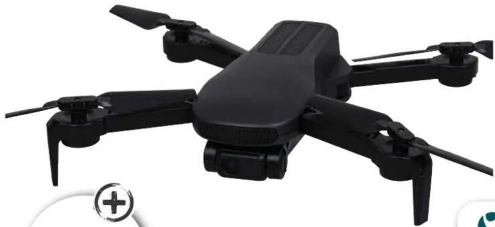 Black quadcopter drone with four propellers and a circular logo (no text or symbols on the aircraft body)