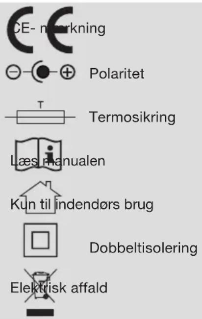 CE- markning Polaritet Termosikring Læs manualen Kun til indendørs brug Dobbeltisolering Elektrisk affald