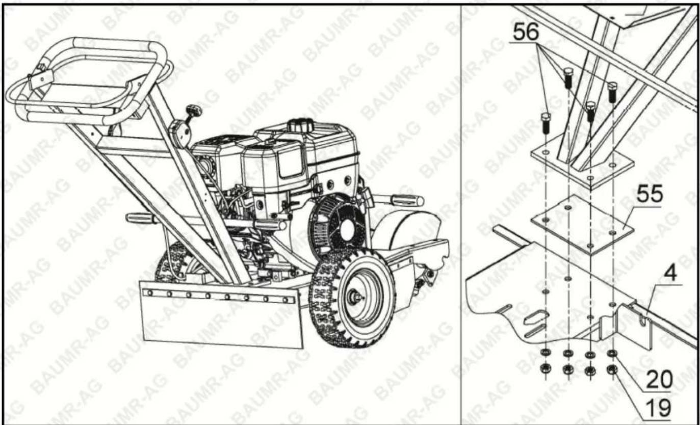 Technical diagram of a snowplow tractor with labeled parts and dimensions in millimeters