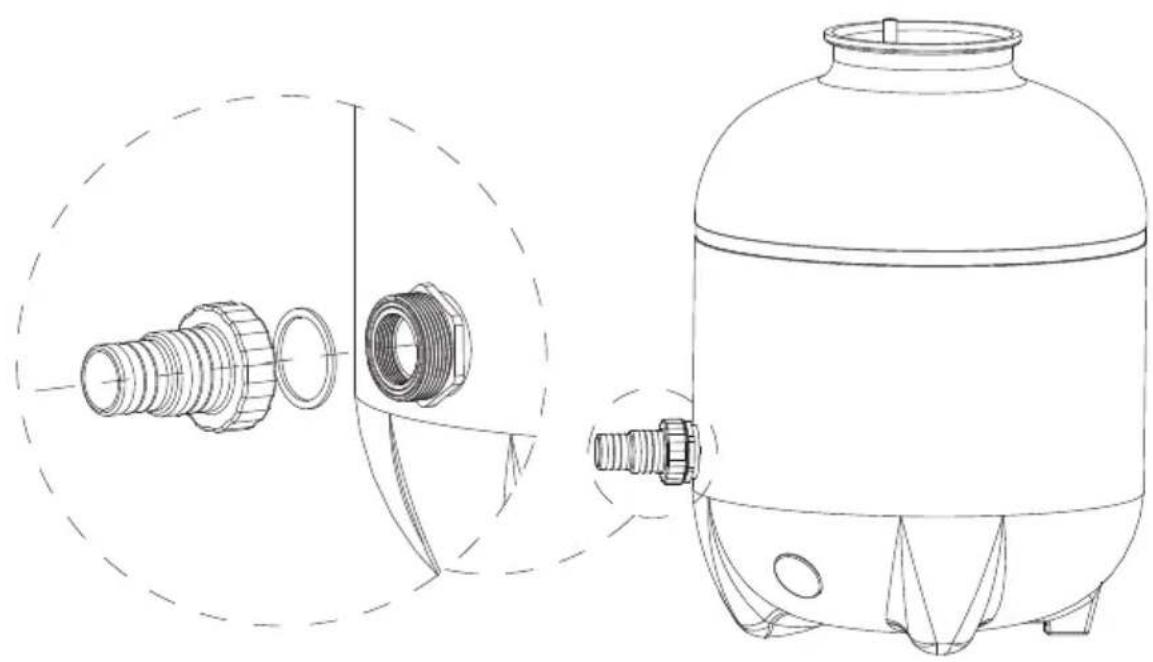 Technical line drawing of a mechanical component with threaded connectors and a cylindrical tank (no text or symbols)