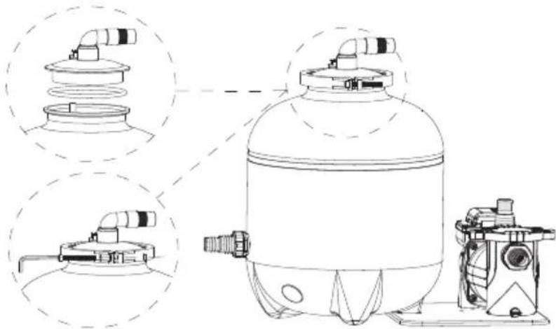 Technical line drawing of a water tank with three circular insets showing internal components (no text or labels)