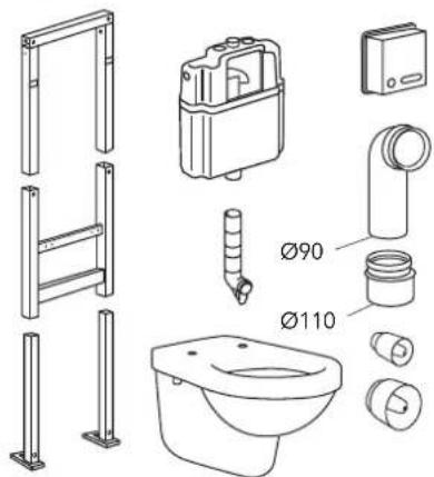 Technical diagram of bathroom fixtures with labeled parts including toilet, sink, wall-mounted device, and wall-mounted fixtures