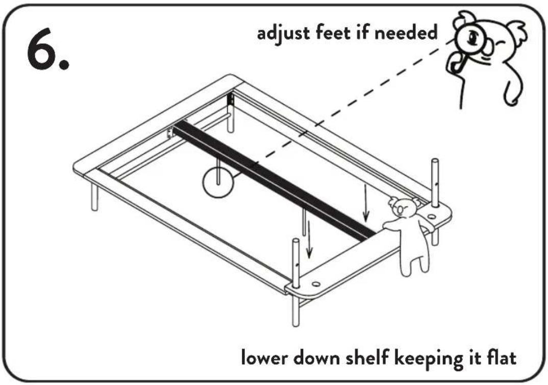 6. adjust feet if needed lower down shelf keeping it flat