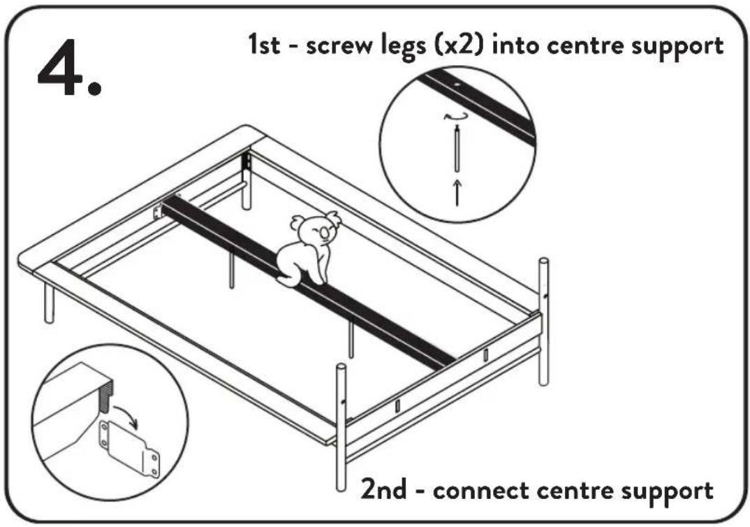 4. 1st - screw legs (x2) into centre support 2nd - connect centre support