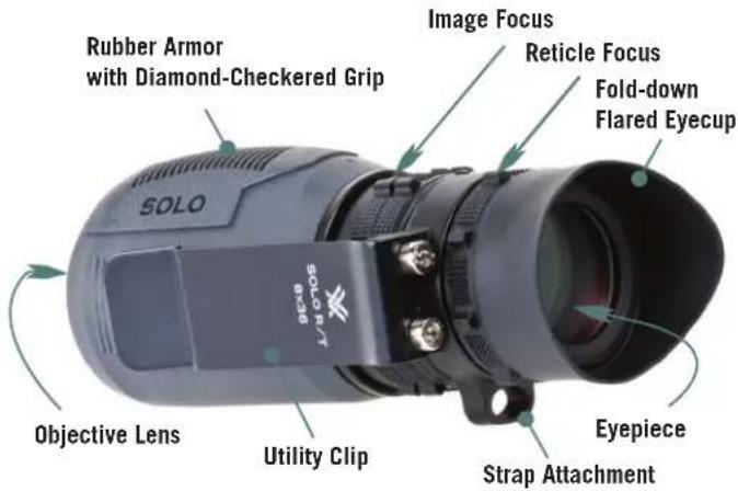 Rubber Armor with Diamond-Checkered Grip SOLO SOLO 4.35 Objective Lens Utility Clip Image Focus Reticle Focus Fold-down Flared Eyecup Eyepiece Strap Attachment