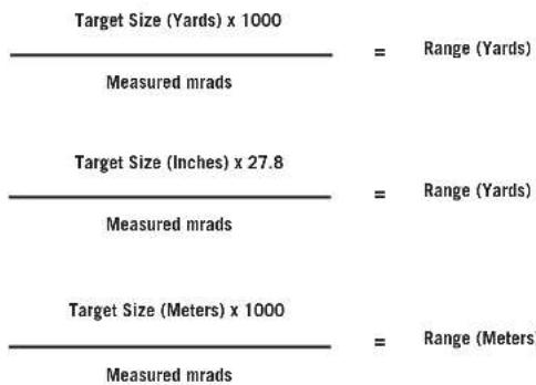Target Size (Yards) x 1000 Measured mrads Target Size (Inches) x 27.8 Measured mrads Target Size (Meters) x 1000 Measured mrads = Range (Yards) = Range (Yards) = Range (Meters)
