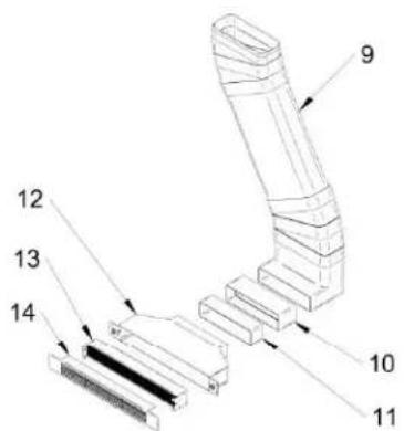 Technical diagram of a mechanical assembly with numbered components labeled 9, 10, 11, 12, 13, and 14.
