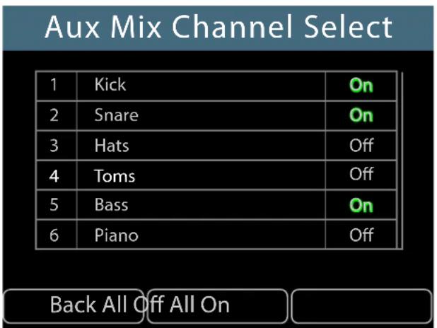 Aux Mix Channel Select 1 Kick On 2 Snare On 3 Hats Off 4 Toms Off 5 Bass On 6 Piano Off Back All Off All On