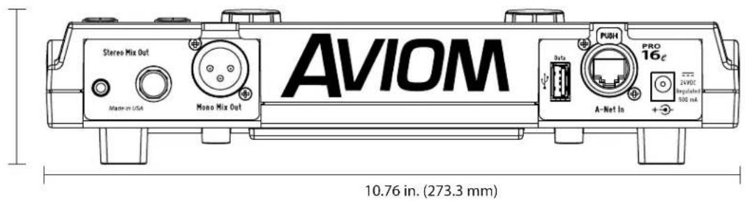AVIOM Stereo Mix Out Master in USA Mono Mix Out PUSH PRO 16e Data 24VDC Regulated 500 n.d. A-Net In 10.76 in. (273.3 mm)
