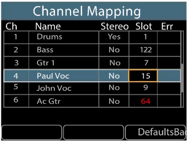 Channel Mapping Ch Name Stereo Slot Err 1 Drums Yes 1 2 Bass No 122 3 Gtr 1 No 7 4 Paul Voc No 15 5 John Voc No 9 6 Ac Gtr No 64 DefaultsBac