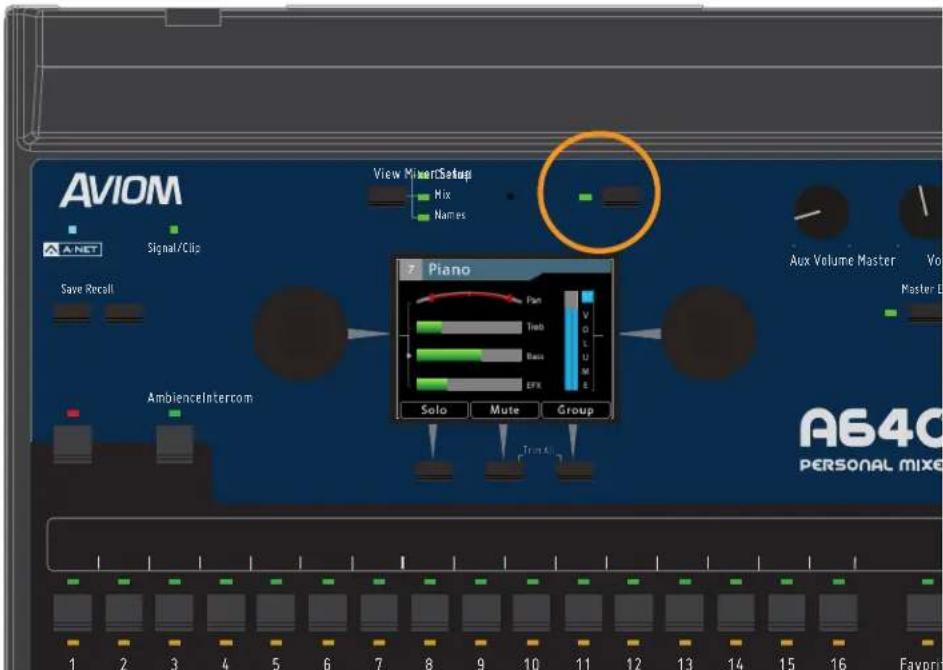 AVIOM View MixertSetup Mix Names Signal/Cite Save Recall AmbienceIntercom 7 Piano Aux Volume Master Vo Master L Solo Mute Group 1 2 3 4 5 6 7 8 9 10 11 12 13 14 15 16 Faver A64C PERSONAL MIXE