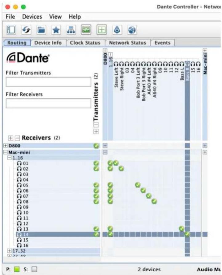 Dante Controller - Network File Devices View Help Routing Device Info Clock Status Network Status Events Dante® Filter Transmitters Filter Receivers Transmitters (2) D800 1.16 Steve Left Steve Right 03 04 Bob Port 3 Left Bob Port 3 Right A640 #4 Left A640 #4 Right 09 10 11 12 Bass L 15 16 Mac-mini Receivers (2) D800 Mac-mini 1..16 01 02 03 04 05 06 07 08 09 10 11 12 13 14 15 16 17...32 P: S: 2 devices Audio Mu