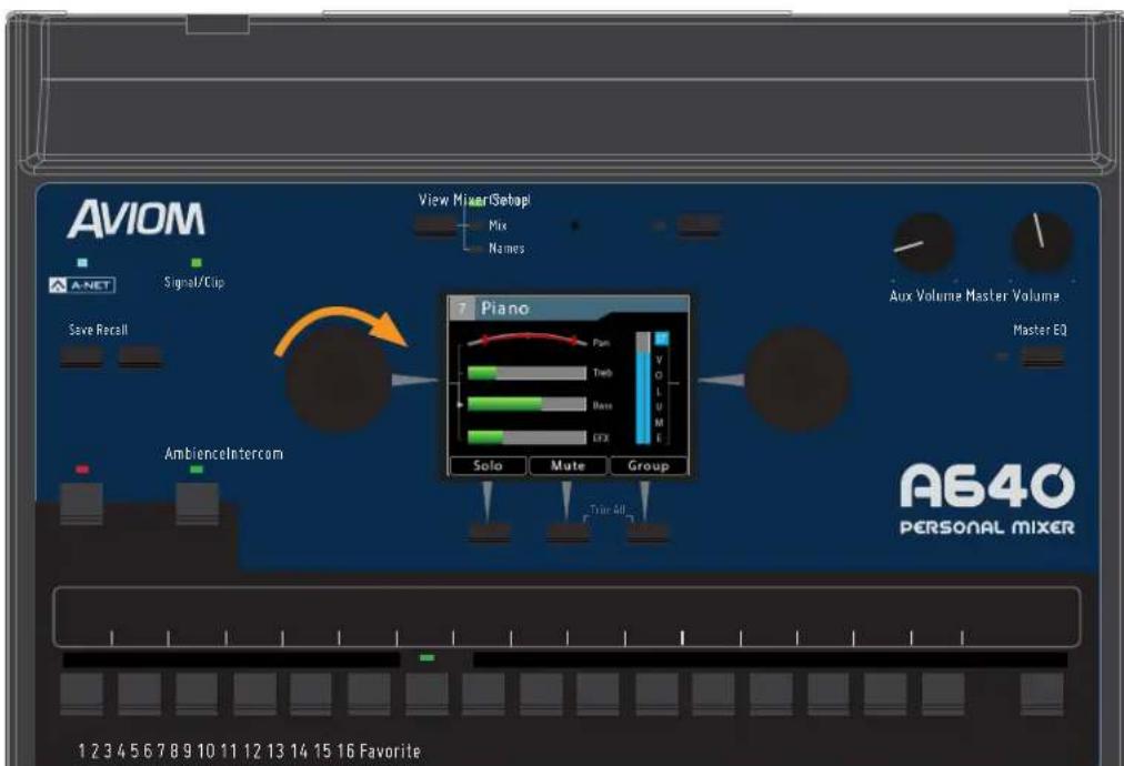 AVIOM View Mixer/Setup! Mix Names Signal/Cip Save Recall AmbienceIntercom Piano Solo Mate Group Aux Volume Master Volume Master EQ A640 PERSONAL MIXER 1 2 3 4 5 6 7 8 9 10 11 12 13 14 15 16 Favorite