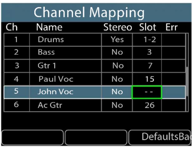 Channel Mapping Ch Name Stereo Slot Err 1 Drums Yes 1-2 2 Bass No 3 3 Gtr 1 No 7 4 Paul Voc No 15 5 John Voc No -- 6 Ac Gtr No 26 DefaultsBac
