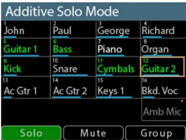 Additive Solo Mode 1 John 2 Paul 3 George 4 Richard 5 Guitar 1 6 Bass 7 Piano 8 Organ 9 Kick 10 Snare 11 Cymbals 12 Guitar 2 13 Ac Gtr 1 14 Ac Gtr 2 15 Keys 1 16 Bkd. Voc Amb Mic Solo Mute Group