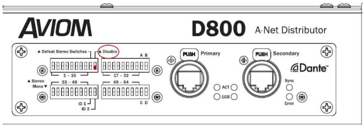 AVIOM D800 A-Net Distributor ▲ Defeat Stereo Switches ▲ Disable A B 1 - 16 17 - 32 ▲ Stereo Mono ▼ 33 - 48 49 - 64 ID 1 ID 2 C D PUSH Primary ○ ACT ○ ○ 1GB ○ PUSH Secondary ○ Sync ○ ○ Error ○ Dante™