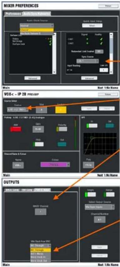 MIXER PREFERENCES Preferences Audio Source Audio Channel Source Signal Output Subband Link Address Type Source Input Mask Main Next 1:No Name VOX < - IP 28 PREJSP Source Sizer Signal Output Subband Link Address Output Input Mask Main Next 1:No Name OUTPUTS MAIN Next 1:No Name Main Next 1:No Name