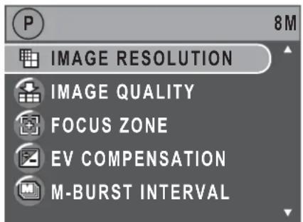 P 8 M IMAGE RESOLUTION IMAGE QUALITY FOCUS ZONE EV COMPENSATION M-BURST INTERVAL