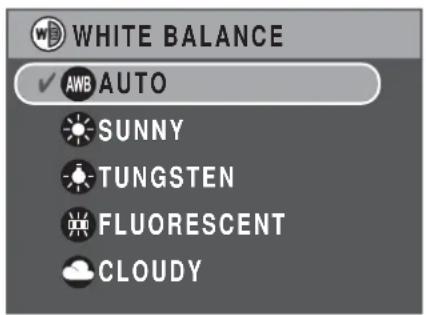 WHITE BALANCE ✓ AWB AUTO SUNNY TUNGSTEN FLUORESCENT CLOUDY