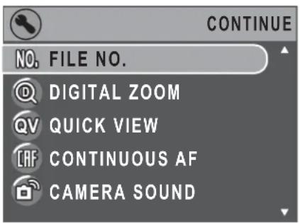 NO. FILE NO. DIGITAL ZOOM QUICK VIEW CONTINUOUS AF CAMERA SOUND