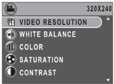320X240 VIDEO RESOLUTION WHITE BALANCE COLOR SATURATION CONTRAST