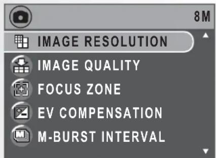8 M IMAGE RESOLUTION IMAGE QUALITY FOCUS ZONE EV COMPENSATION M-BURST INTERVAL