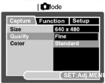 [ ]mode Capture Function Setup Size 640 x 480 Quality Fine Color Standard SET:Adj.MENU
