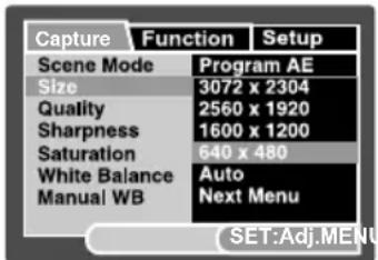 Capture Function Setup Scene Mode Program AE Size 3072 x 2304 Quality 2560 x 1920 Sharpness 1600 x 1200 Saturation 640 x 480 White Balance Auto Manual WB Next Menu SET:Adj.MENU