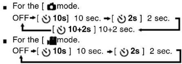■ For the [ ] mode. OFF→[ Tunisia 10s] 10 sec. →[ Tunisia 2s] 2 sec. ↑ [ Tunisia 10+2s] 10+2 sec. ■ For the [ ] mode. OFF→[ Tunisia 10s] 10 sec. →[ Tunisia 2s] 2 sec.