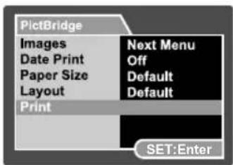 PictBridge Images Next Menu Date Print Off Paper Size Default Layout Default Print SET:Enter
