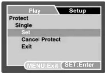 Play Setup Protect Single Set Cancel Protect Exit MENU:Exit SET:Enter