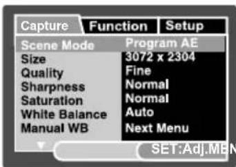 Capture Function Setup Scene Mode Program AE Size 3072 x 2304 Quality Fine Sharpness Normal Saturation Normal White Balance Auto Manual WB Next Menu SET:Adj.MEN