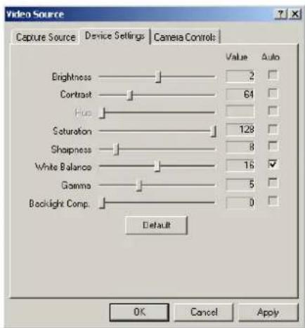 Video Source Capture Source Device Settings Camera Controls Value Auto Brightness 2 Contrast 64 Hue Saturation 128 Sharpness 8 White Balance 16 ✓ Gamma 5 Backlight Comp. 0 Default OK Cancel Apply