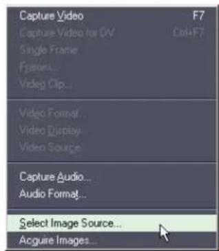 Capture Video Capture Video for DV Single Frame Features... Video Clip... Video Format... Video Display... Video Source... Capture Audio... Audio Format... Select Image Source... Acquire Images...