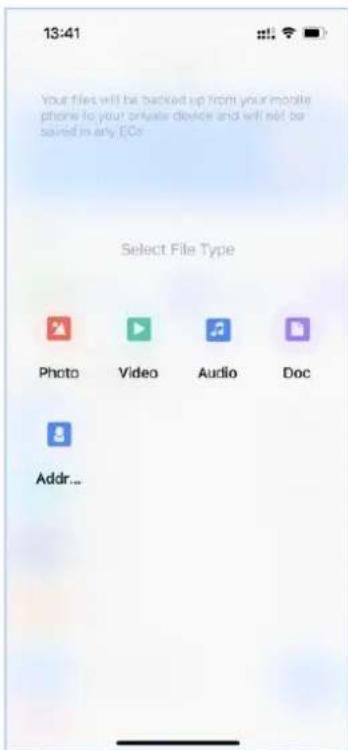 13:41 Your files will be backed up from your mobile phone to your private device and will not be saved in any ECo Select File Type Photo Video Audio Doc Addr...