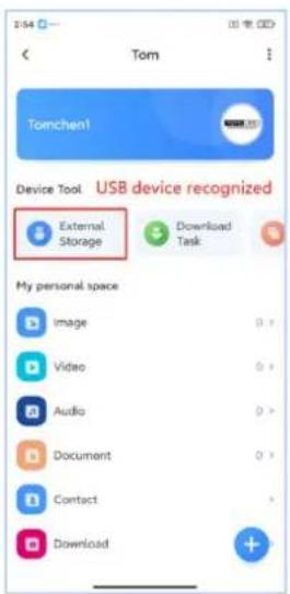 2:54 Tom Tomchen1 Device Tool USB device recognized External Storage Download Task My personal space Image 0 > Video 0 > Audio 0 > Document 0 > Contact 0 > Download +