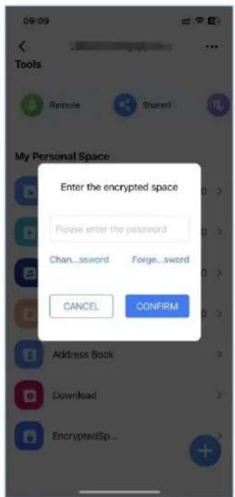 Enter the encrypted space Please enter the password Chan...sword Forge...sword CANCEL CONFIRM Address Book Download EncryptedSp...