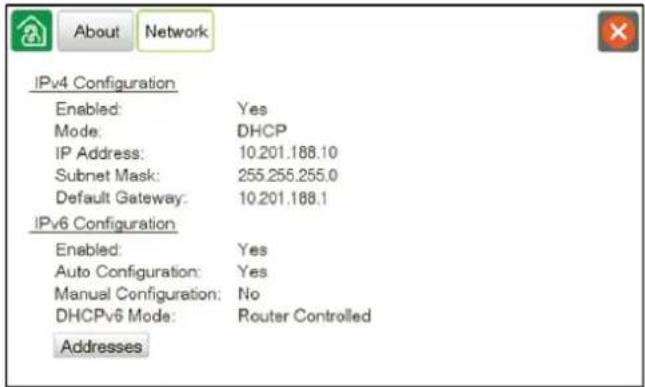 About Network IPv4 Configuration Enabled: Yes Mode: DHCP IP Address: 10.201.188.10 Subnet Mask: 255.255.255.0 Default Gateway: 10.201.188.1 IPv6 Configuration Enabled: Yes Auto Configuration: Yes Manual Configuration: No DHCPv6 Mode: Router Controlled Addresses