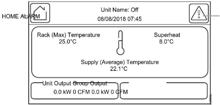 HOME ALARM Unit Name: Off 08/08/2018 07:45 Rack (Max) Temperature 25.0°C Superheat 8.0°C Supply (Average) Temperature 22.1°C Unit Output Group Output 0.0 kW 0 CFM 0.0 kW 0 CFM