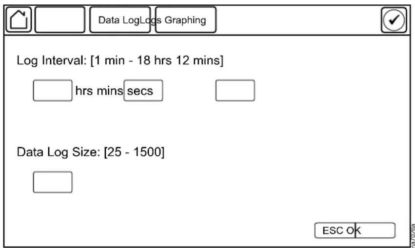 Data LogLogs Graphing Log Interval: [1 min - 18 hrs 12 mins] hrs mins secs Data Log Size: [25 - 1500] ESC OK