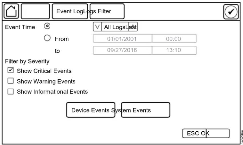 Event LogLogs Filter Event Time ✓ All LogsLast From 01/01/2001 00:00 to 09/27/2016 13:10 Filter by Severity ✓ Show Critical Events □ Show Warning Events □ Show Informational Events Device Events System Events ESC OK