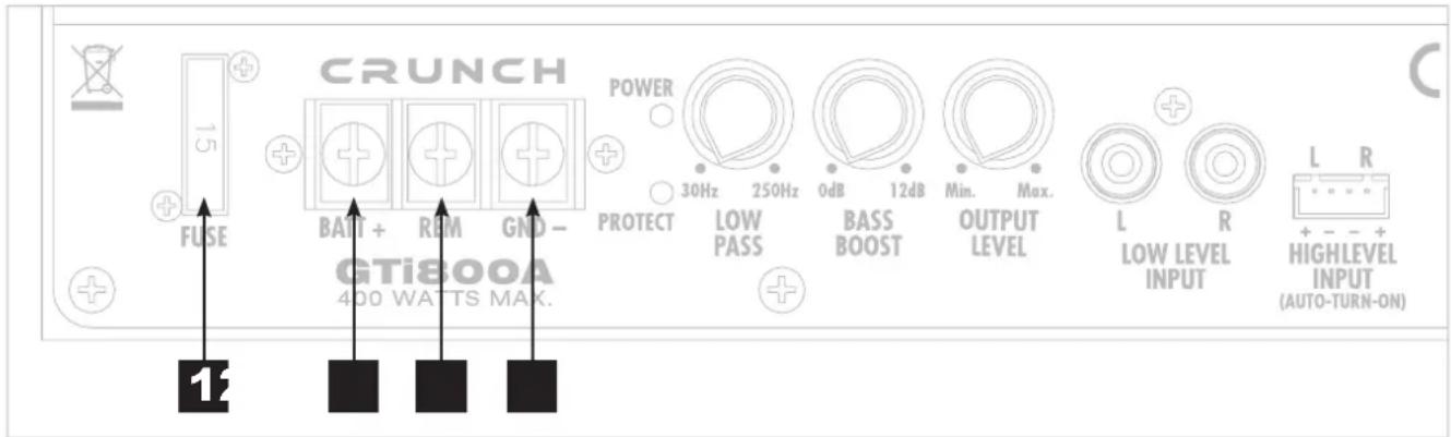CRUNCH POWER 30Hz 250Hz 0dB 12dB Min. Max. PROTECT LOW PASS BASS BOOST OUTPUT LEVEL L R L R LOW LEVEL INPUT HIGHLEVEL INPUT (AUTO-TURN-ON) FUSE BATT + REM GND - GTi800A 400 WATTS MAX.