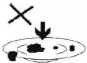 Diagram showing a cross symbol with an arrow pointing downward to a circular region containing scattered black dots and a small red object below.