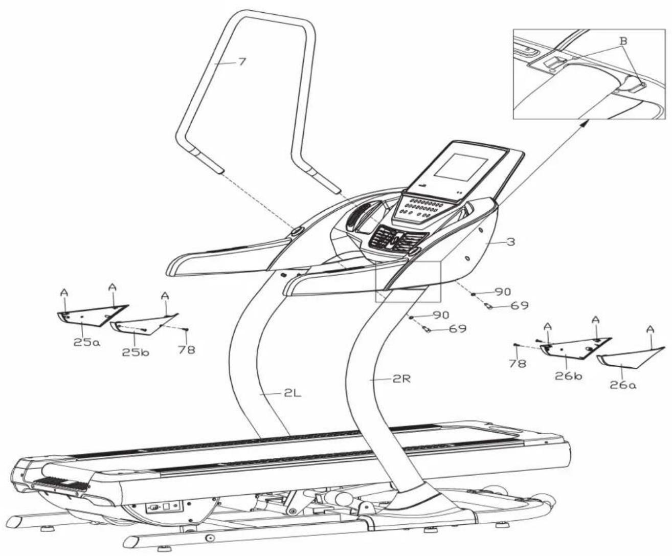 Technical diagram of a treadmill with labeled parts and component annotations in Chinese