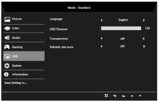Mode - Standard Picture Color Audio Gaming OSD System Information Save Setting to... Language OSD Timeout Transparency Refresh rate num English 120 Off Off