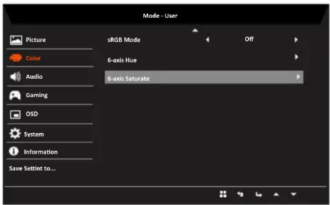 Mode - User Picture sRGB Mode Off Color 6-axis Hue Audio 6-axis Saturate Gaming OSD System Information Save SetInt to...
